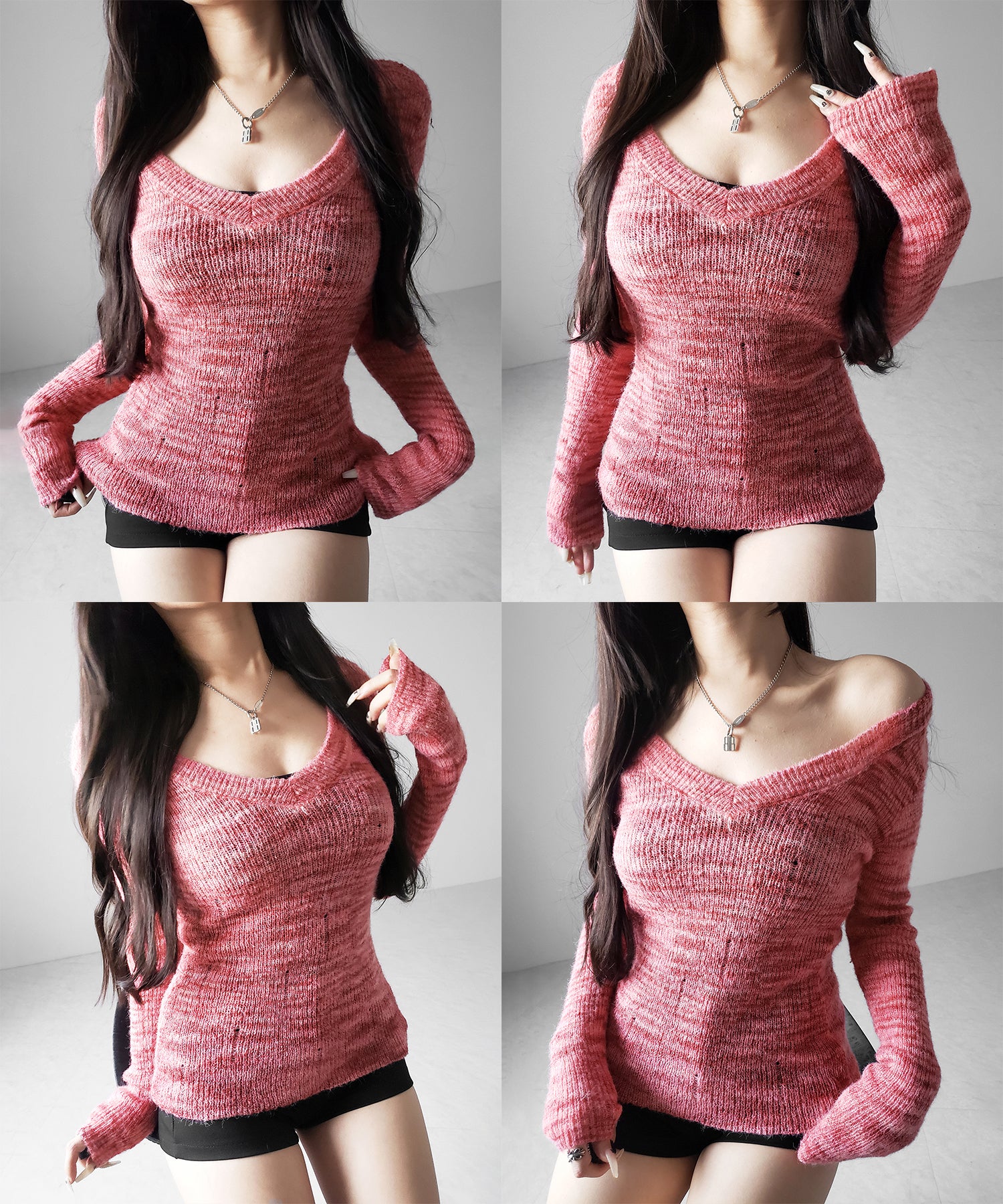 【 ワンショル可能な２WAY 】Ｖネックメランジスリムシアーニット ／ V-neck melange slim sheer knit