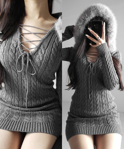 ファーフーディレースアップレディニットミニワンピース ／ fur hoodie lace up lady knit mini onepiece