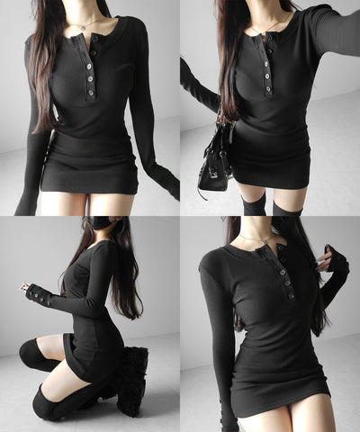 裏起毛ヘンリーネックタイトミニワンピース ／ urakimo henley neck tight mini onepiece