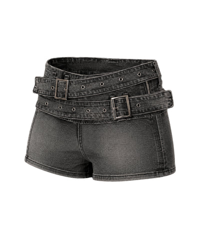 ダブルベルテッドマイクロミニデニムショートパンツ ／ double belted micro mini denim short pants