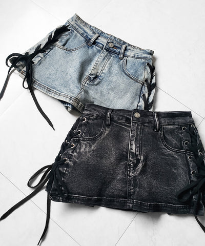【 インパン裏地付き 】レースアップマイクロデニムミニスカパン ／ Lace-up micro denim mini skirt pants