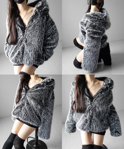 フェイクファーフーディミドルコート ／ fake fur hoodie middle coat