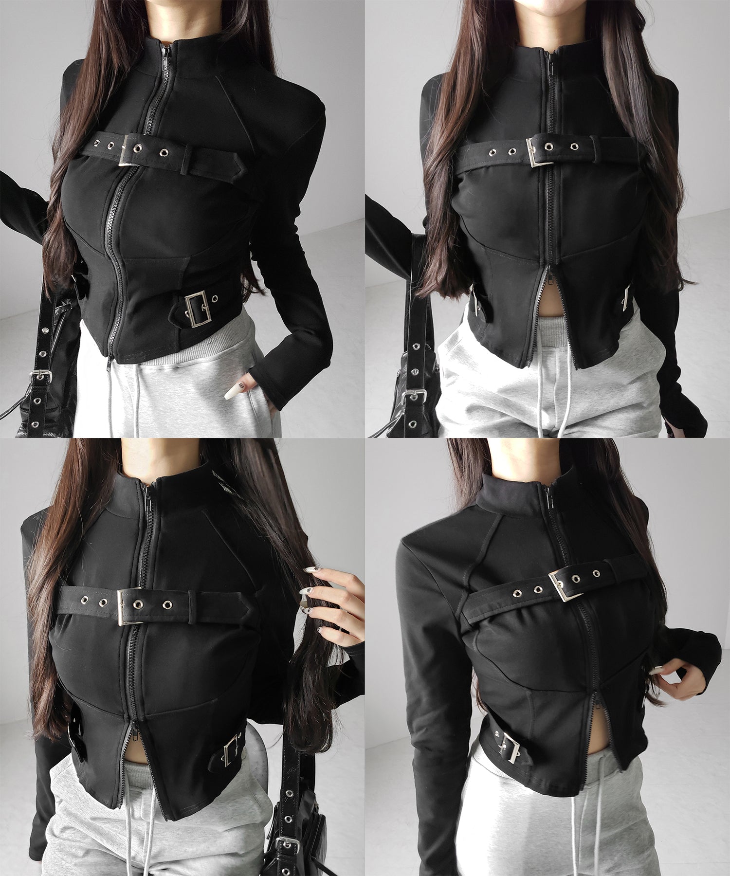 スタンドカラーベルテッドダブルジップスリムトップス ／ stand collar belted double zip slim tops