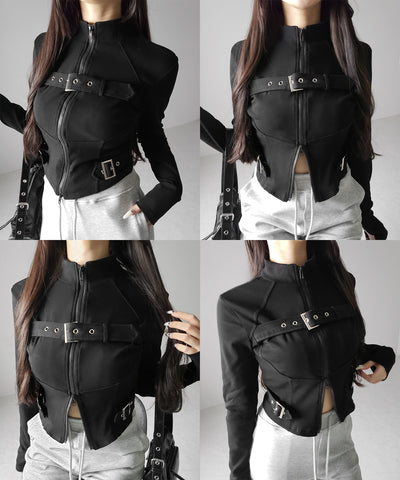 スタンドカラーベルテッドダブルジップスリムトップス ／ stand collar belted double zip slim tops