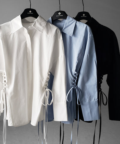 レースアップサイドリボンスリムラインシャツ ／ lace up side ribbon slim line shirt