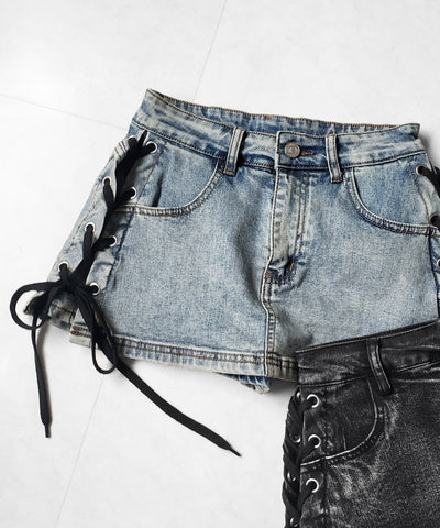 【 インパン裏地付き 】レースアップマイクロデニムミニスカパン ／ Lace-up micro denim mini skirt pants