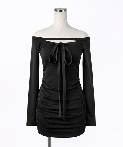 【 クロスネックにもできる３WAY 】フロントリボンオフショルワンホンタイトミニワンピース ／ front ribbon off shoulder wanghong mini onpiece