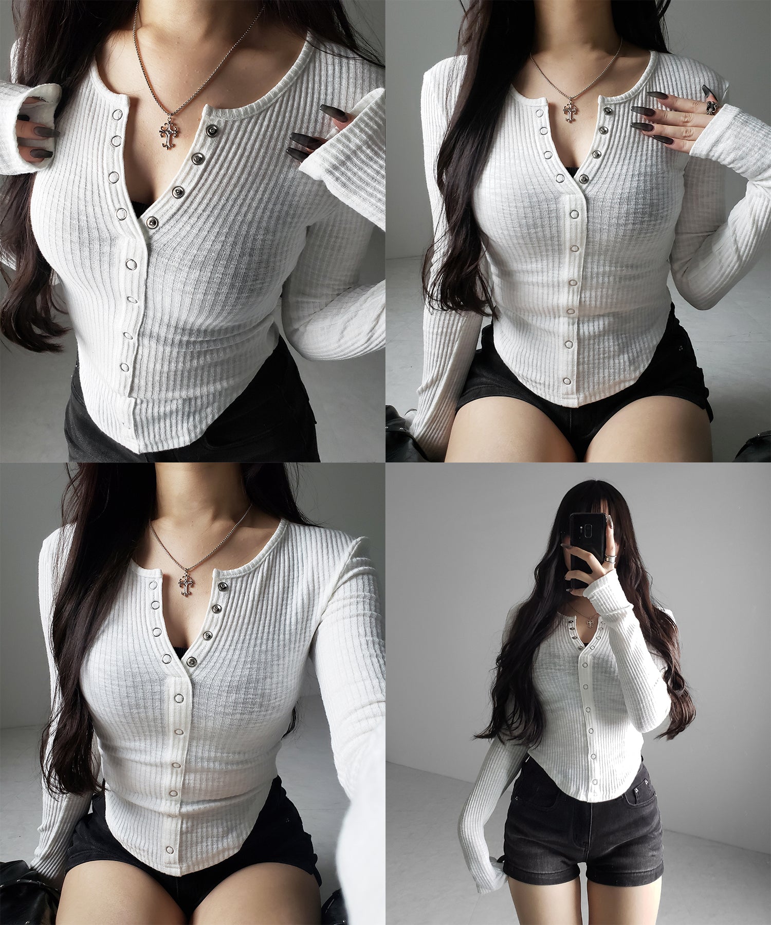 スナップボタンタイトリブカットソートップス ／ snap button tight ribbed cutsew tops