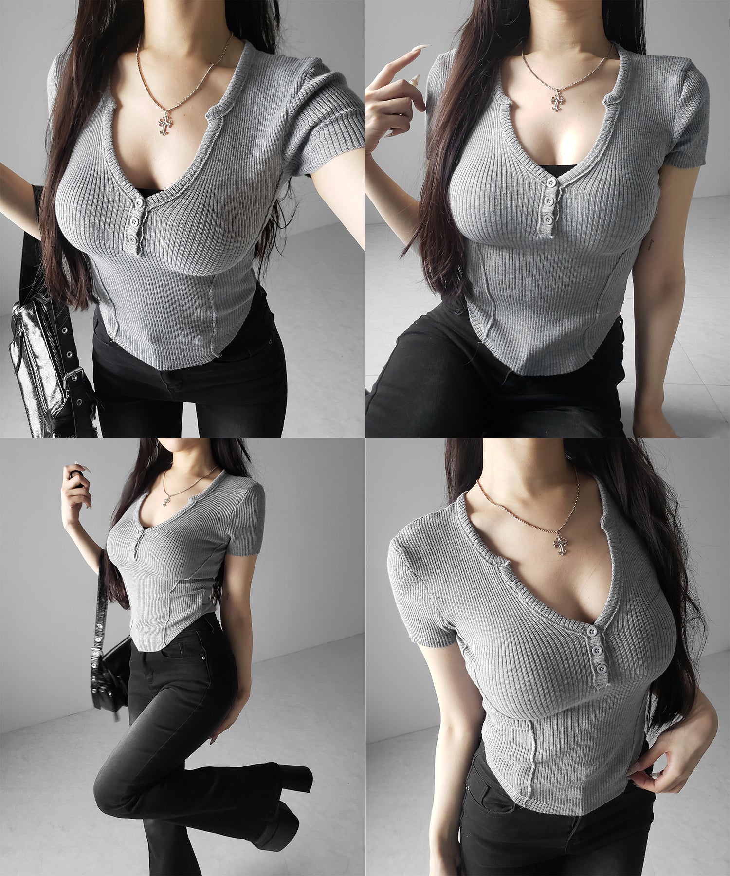 ヘンリーネックタイトフィット半袖リブニットトップス ／ Henley neck tight fit short sleeve rib knit tops