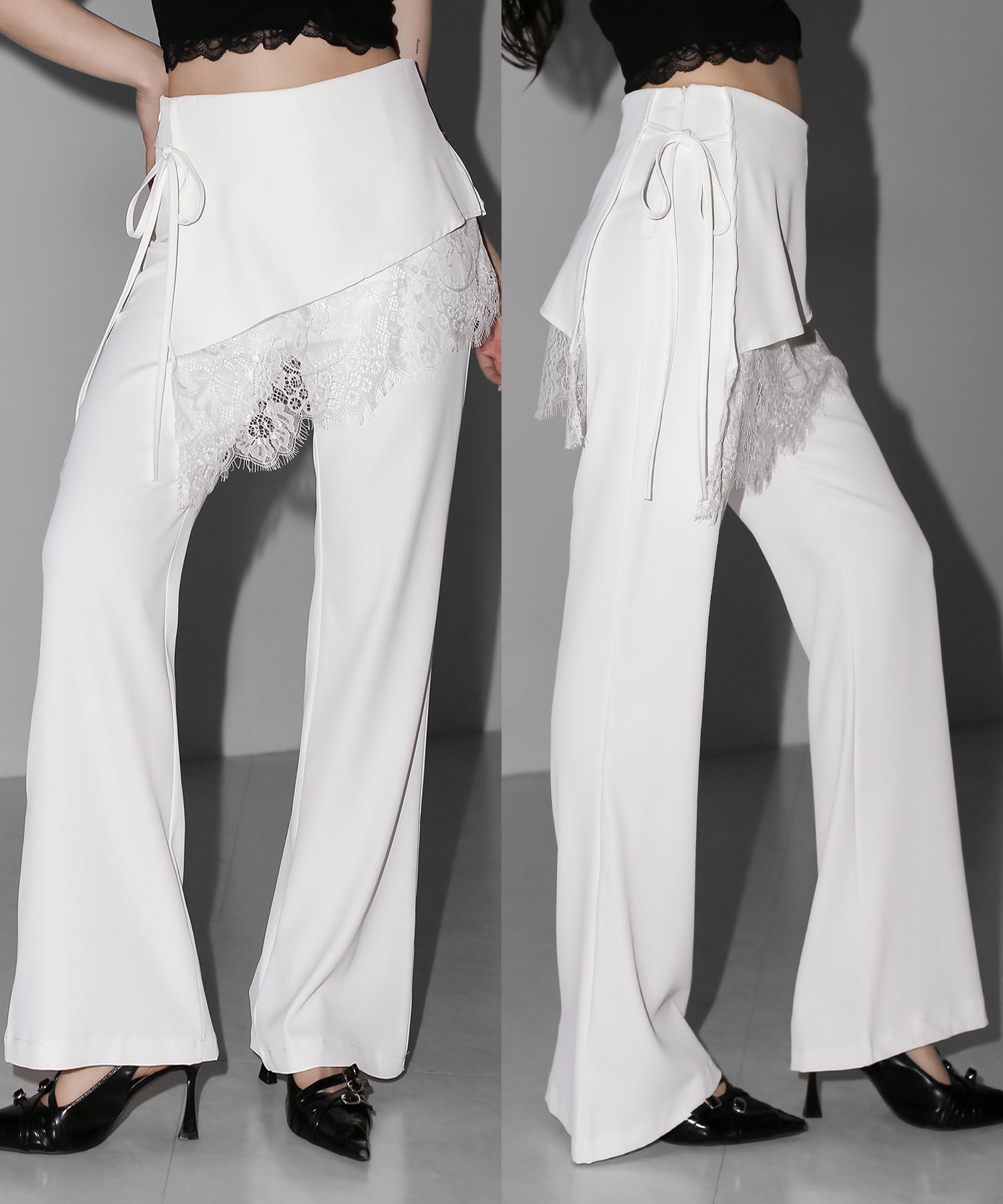 【３size 】レースレイヤードサイドリボンラップフレアスラックス ／ lace layered side ribbon wrap flare slacks