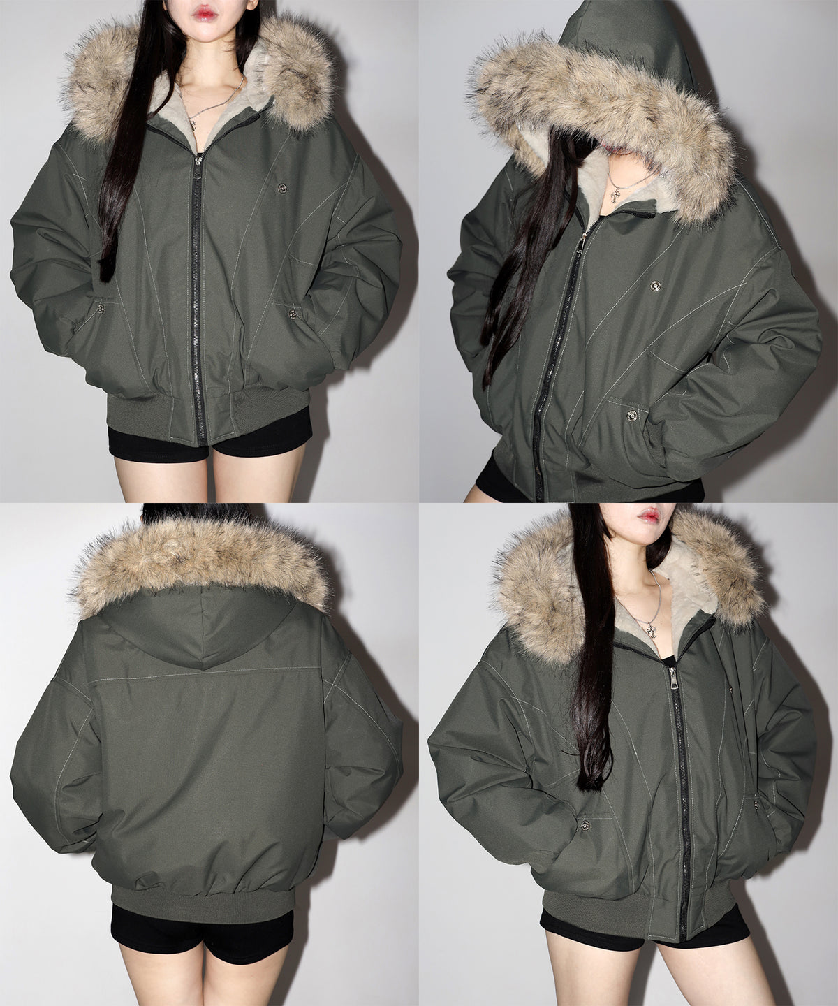 配色ステッチファーフード中綿オーバーブルゾン ／ stitch fur hood fake down over blouson
