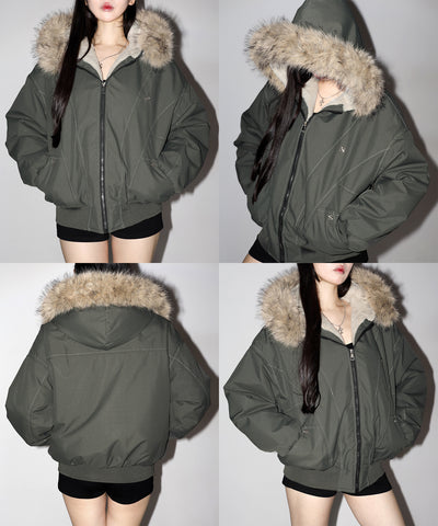 配色ステッチファーフード中綿オーバーブルゾン ／ stitch fur hood fake down over blouson