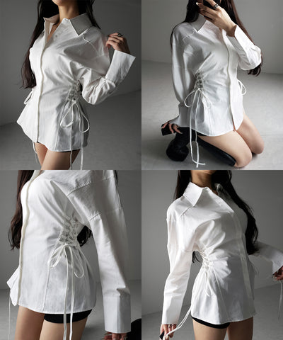 レースアップサイドリボンスリムラインシャツ ／ lace up side ribbon slim line shirt