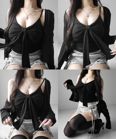 【 ２点セット 】リボンカットソーキャミソール ＋ カーディガンセット ／ribbon cutsew camisole + cardigan SET