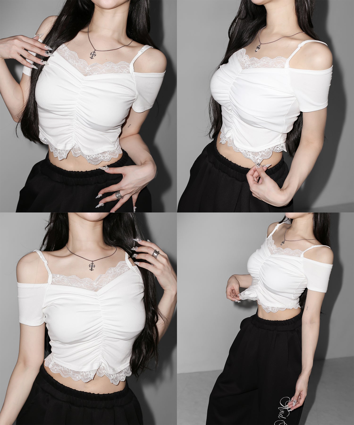 レースドッキングシャーリング半袖オフショルトップス ／ lace docking shirring short-sleeved off-shoulder tops