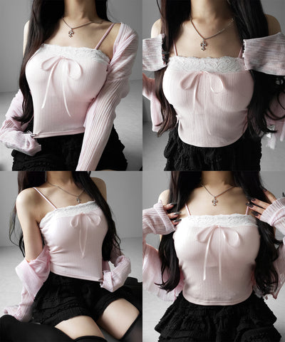 フロントリボンレースショートキャミソール ／ front ribbon lace short camisole