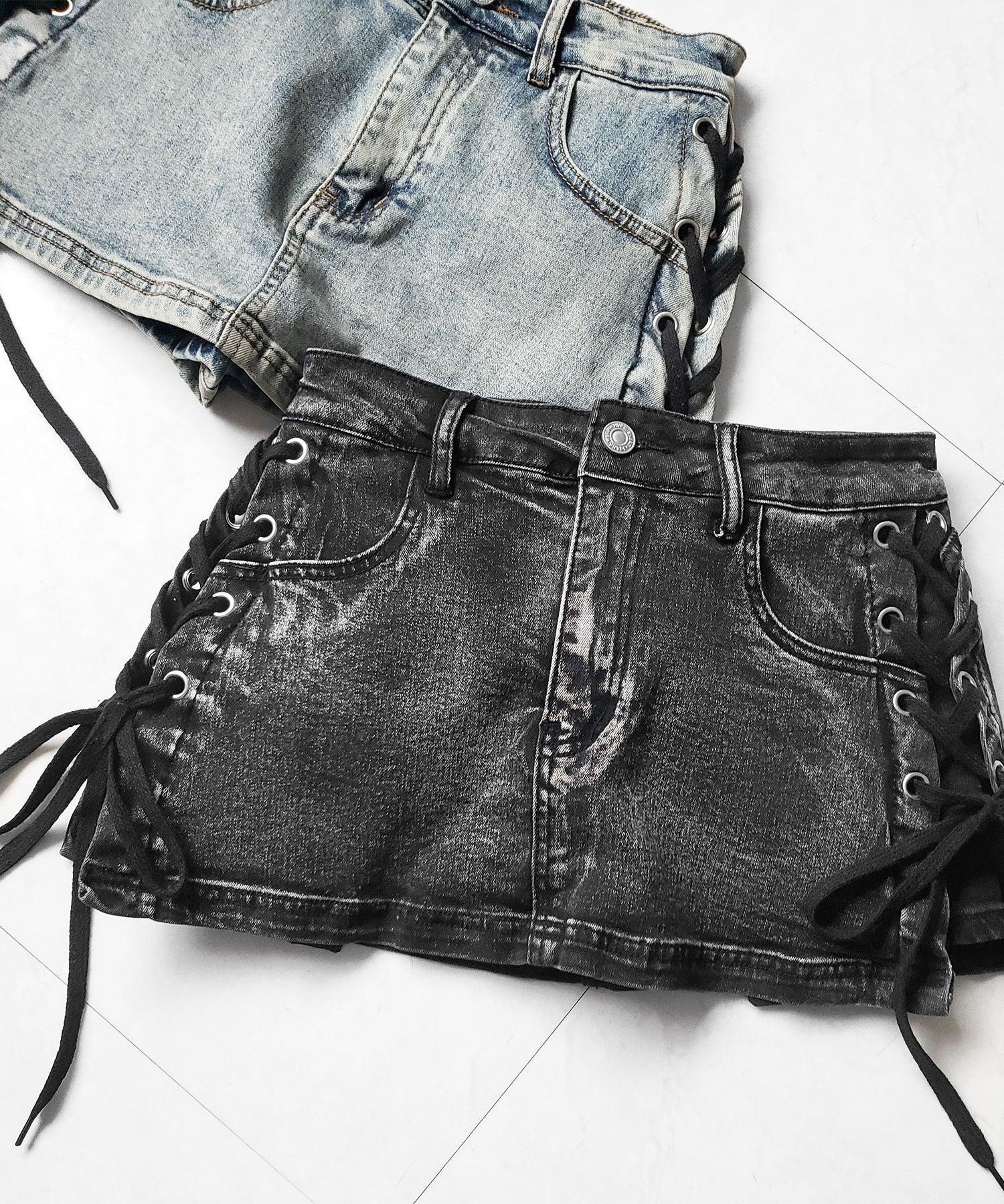 【 インパン裏地付き 】レースアップマイクロデニムミニスカパン ／ Lace-up micro denim mini skirt pants