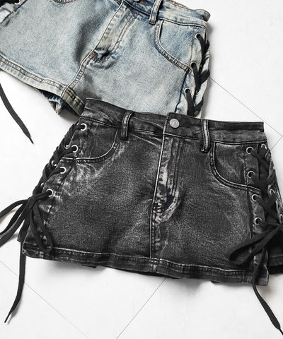 【 インパン裏地付き 】レースアップマイクロデニムミニスカパン ／ Lace-up micro denim mini skirt pants