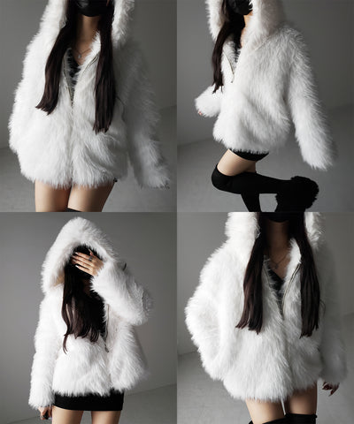 フェイクファーフーディミドルコート ／ fake fur hoodie middle coat