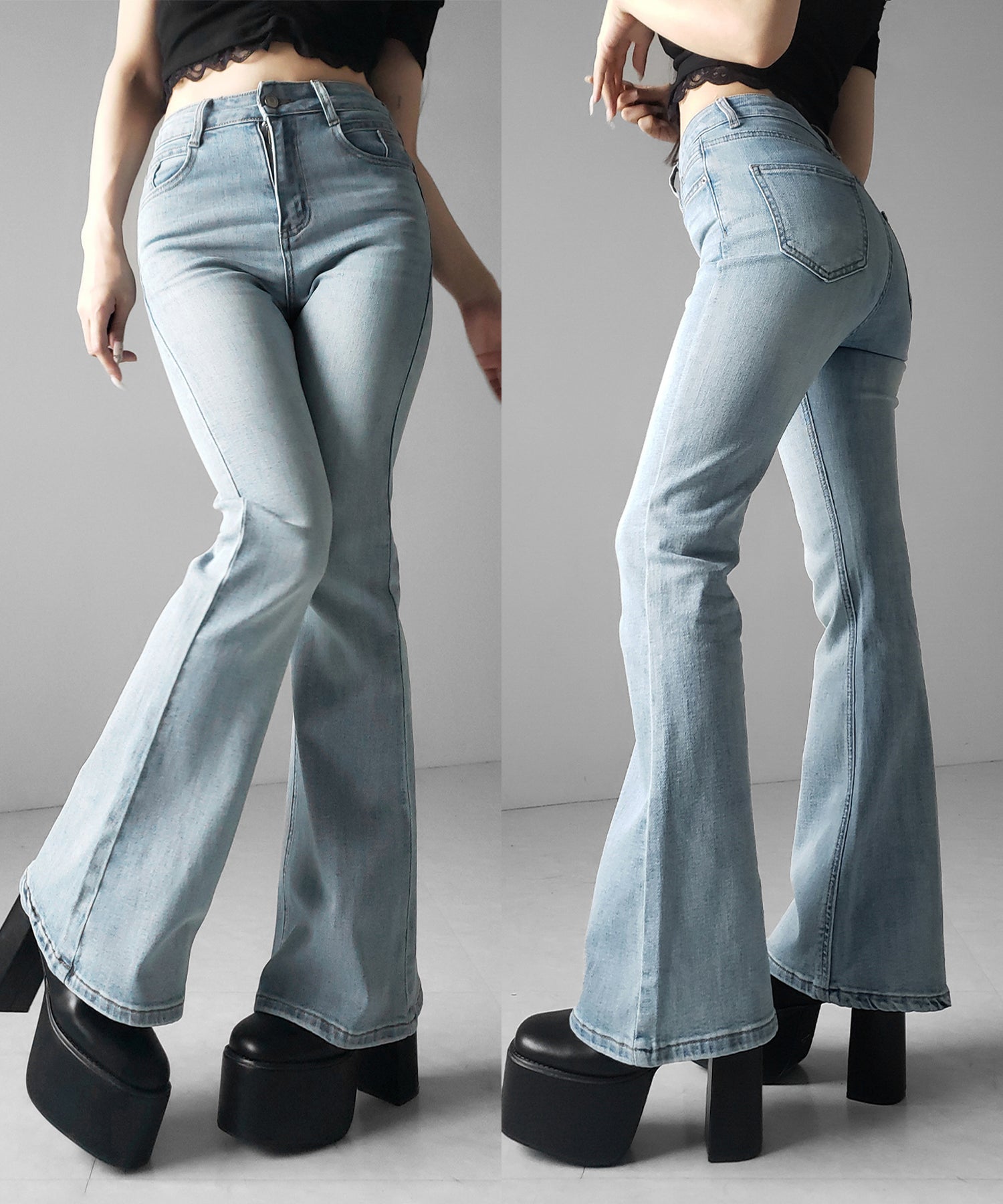 【４size 】美脚ハイウエストストレッチフレアデニム ／ slim leg High waist stretch flare denim