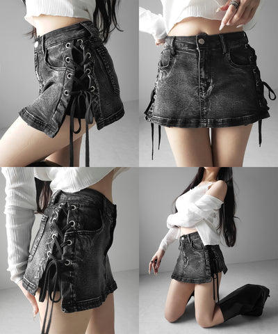 【 インパン裏地付き 】レースアップマイクロデニムミニスカパン ／ Lace-up micro denim mini skirt pants