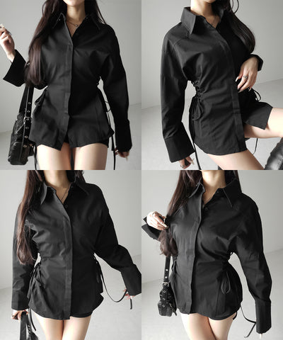 レースアップサイドリボンスリムラインシャツ ／ lace up side ribbon slim line shirt