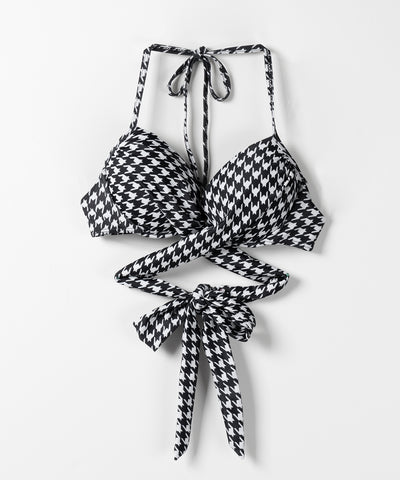 【 レディース水着／２点セット 】千鳥格子柄クロスウエストリボンハイウエストビキニ ／ houndstooth pattern cross waist ribbon high waist bikini