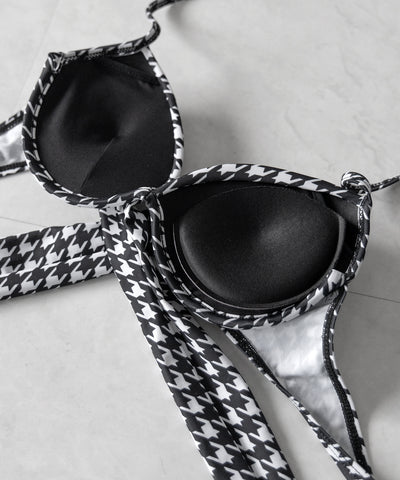 【 レディース水着／２点セット 】千鳥格子柄クロスウエストリボンハイウエストビキニ ／ houndstooth pattern cross waist ribbon high waist bikini