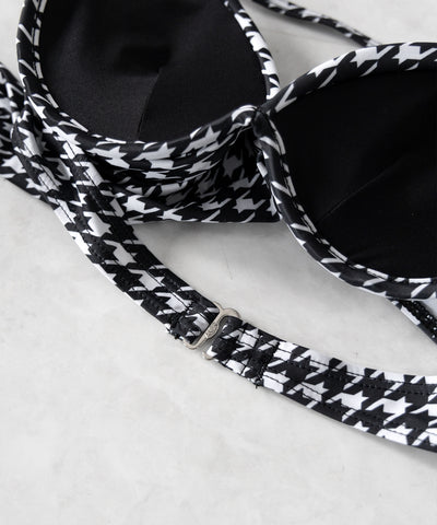 【 レディース水着／２点セット 】千鳥格子柄クロスウエストリボンハイウエストビキニ ／ houndstooth pattern cross waist ribbon high waist bikini