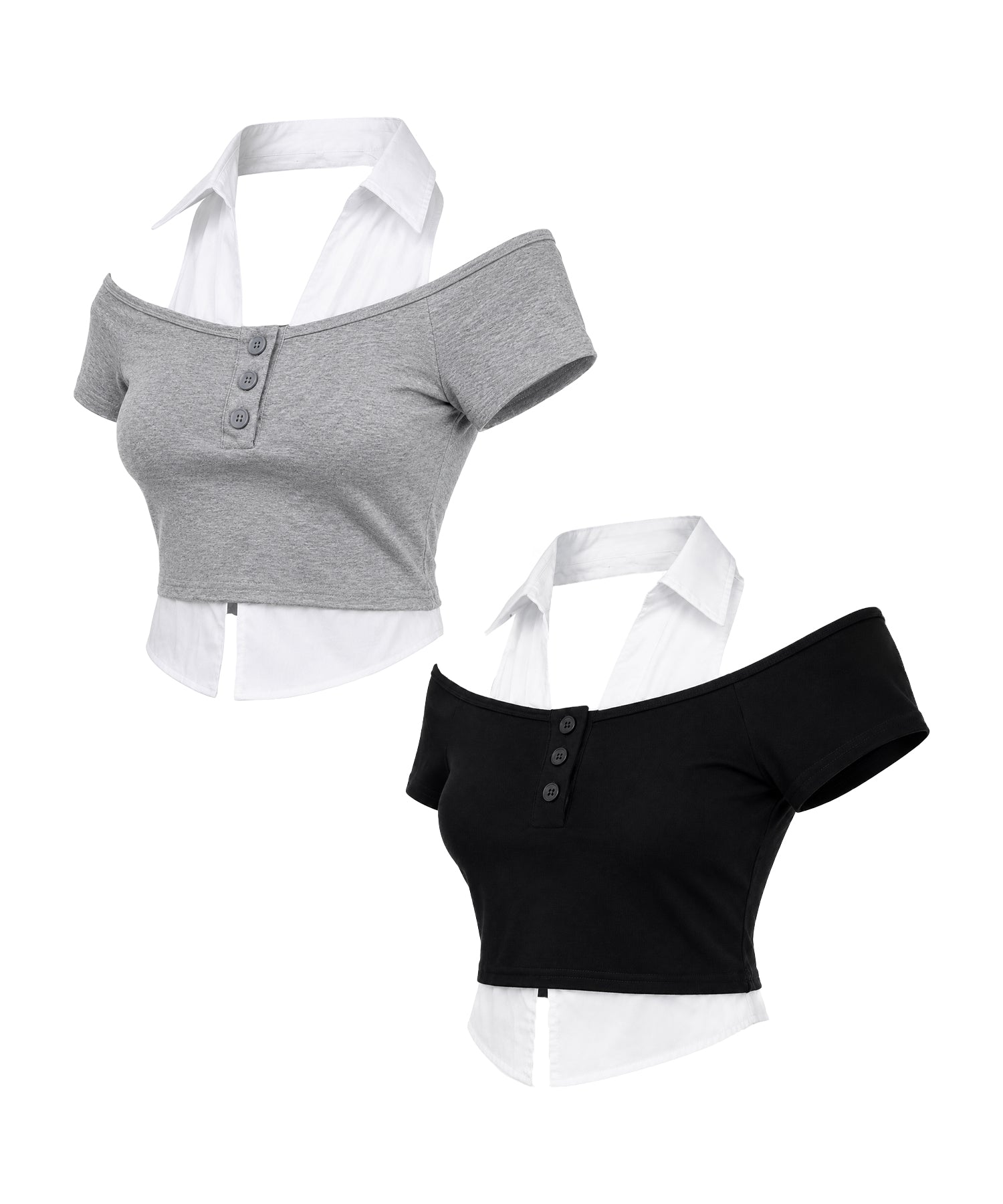 シャツレイヤードヘンリーネックカットアウトトップス ／ shirt layered henlyneck cutout tops
