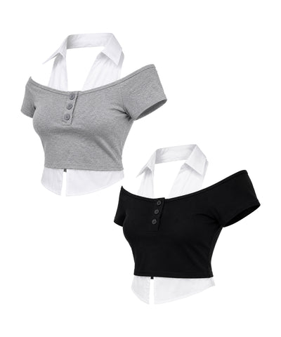 シャツレイヤードヘンリーネックカットアウトトップス ／ shirt layered henlyneck cutout tops
