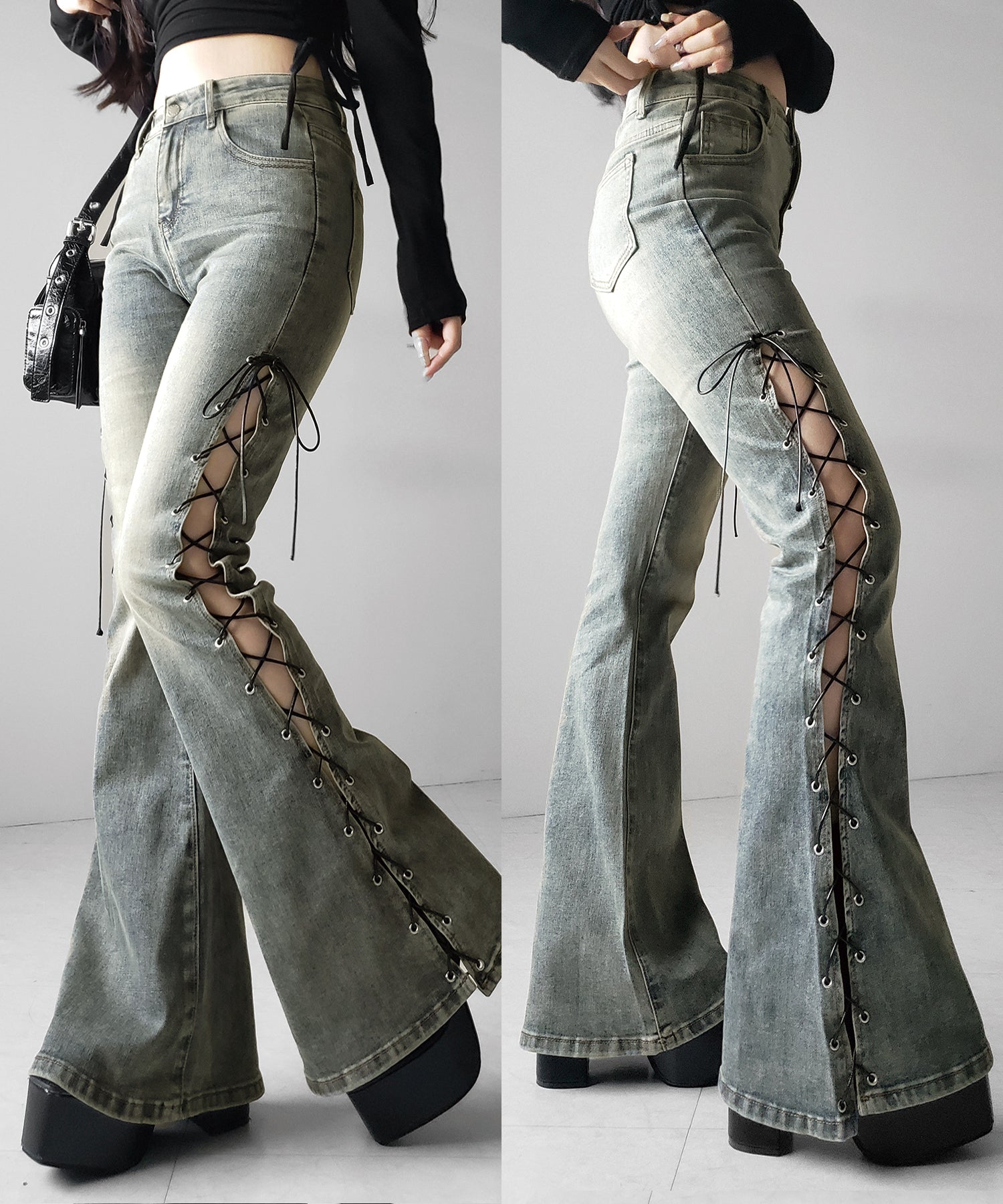 レースアップカットアウトストレッチフレアデニム ／ lace up cutout stretch flare denim