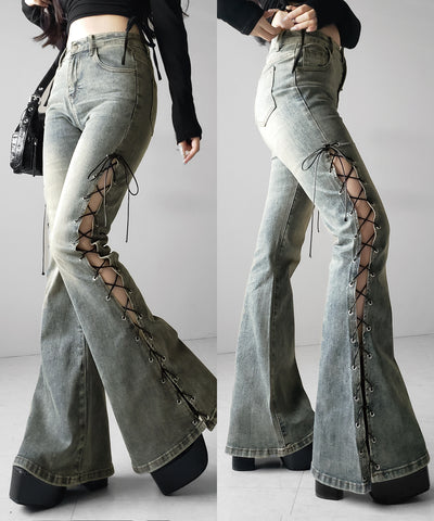 レースアップカットアウトストレッチフレアデニム ／ lace up cutout stretch flare denim