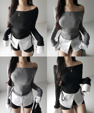 【 ２color ／ ２WAY 】シャツドッキングサイドリボンワンショルトップス ／shirt docking side ribbon oneshoulder tops