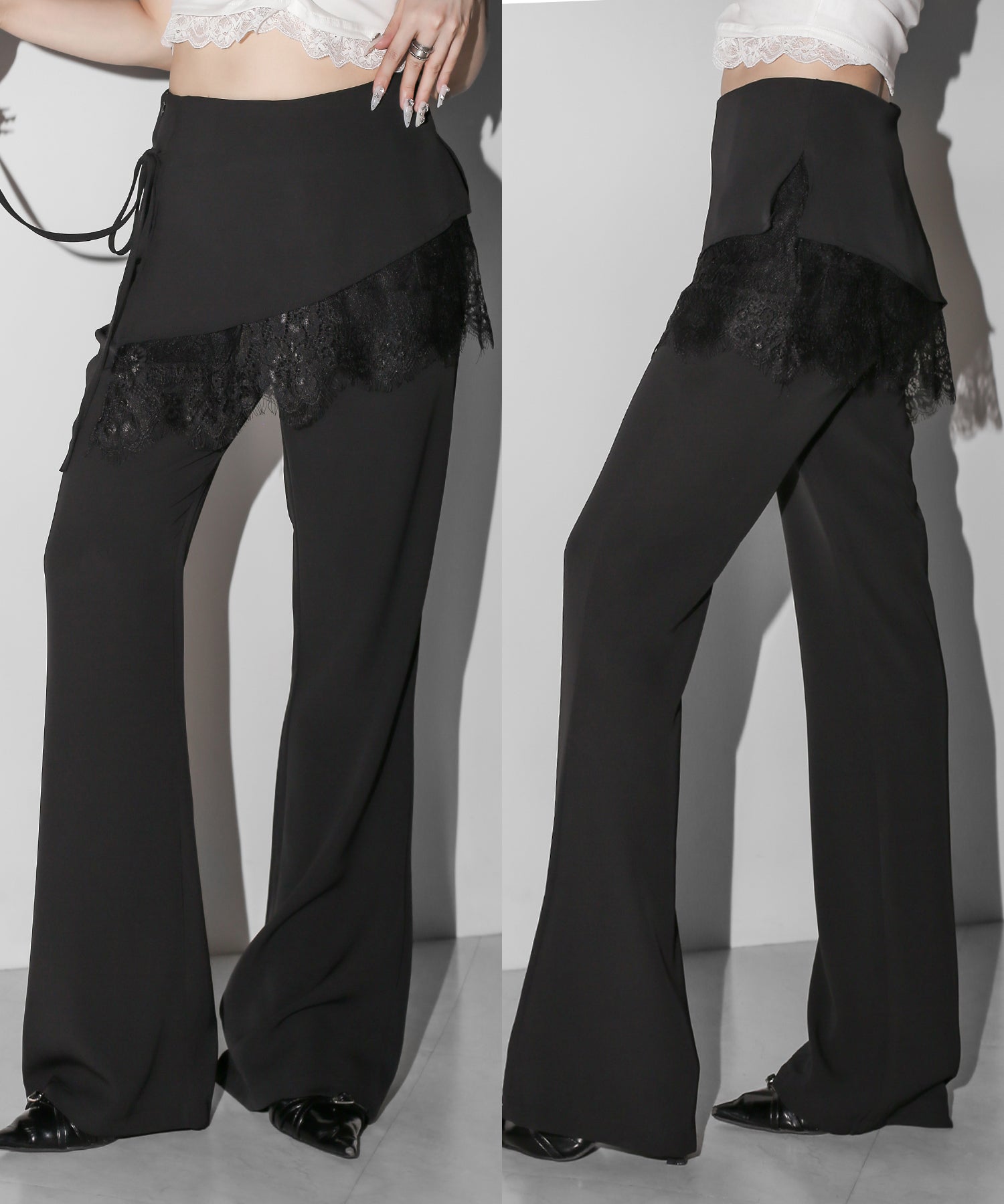 【３size 】レースレイヤードサイドリボンラップフレアスラックス ／ lace layered side ribbon wrap flare slacks