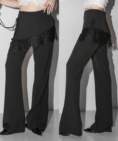 【３size 】レースレイヤードサイドリボンラップフレアスラックス ／ lace layered side ribbon wrap flare slacks