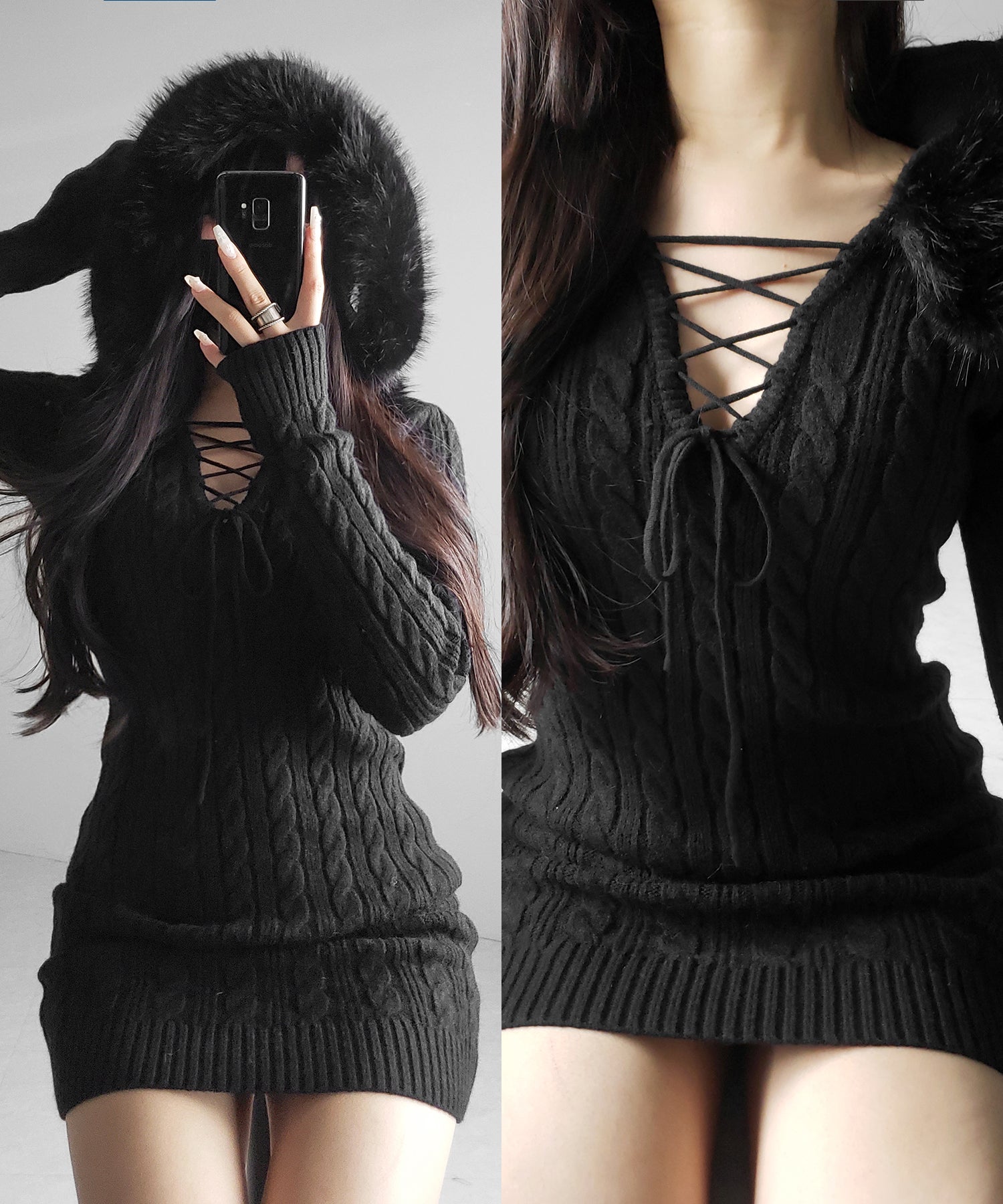 ファーフーディレースアップレディニットミニワンピース ／ fur hoodie lace up lady knit mini onepiece