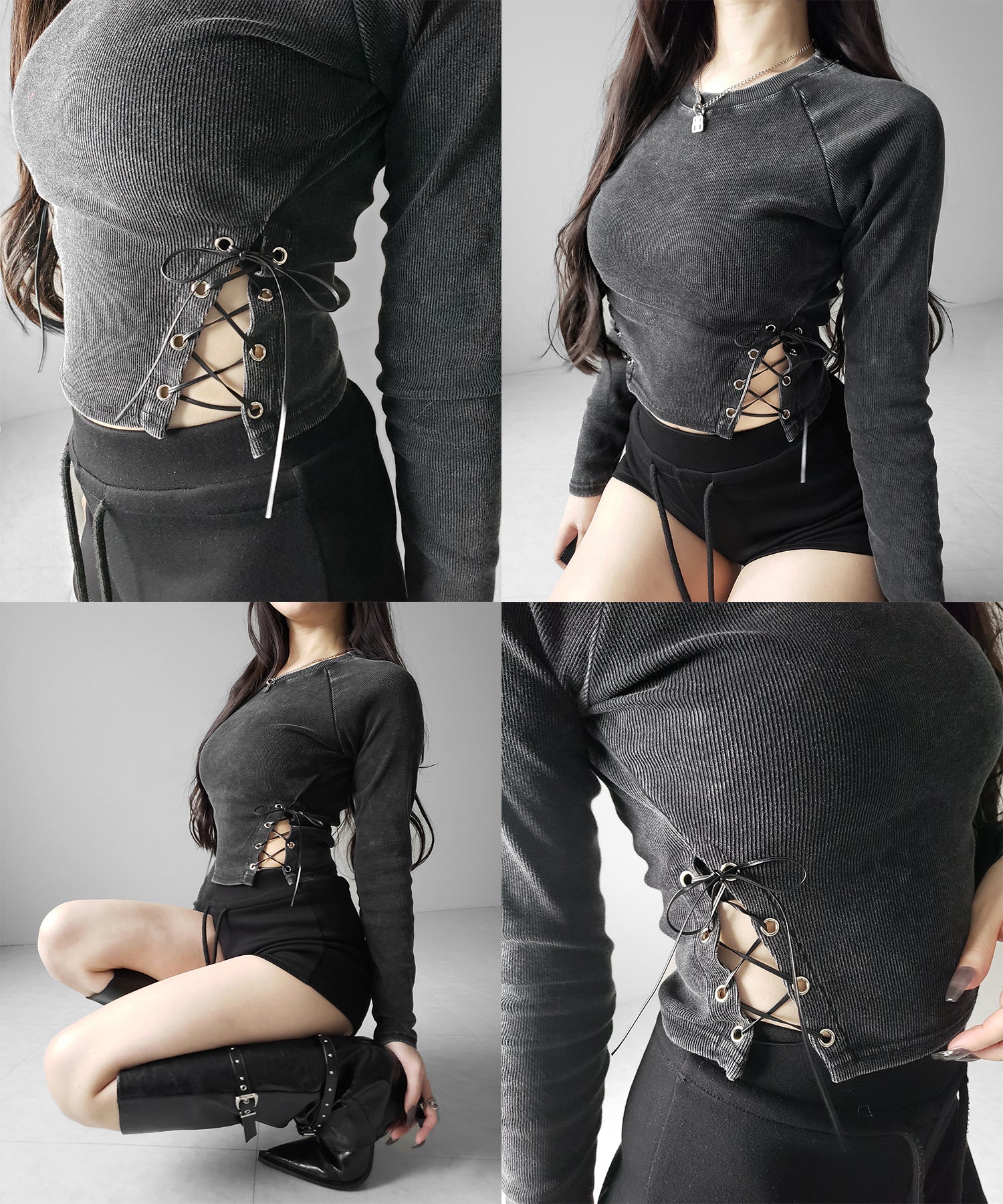 ヴィンテージサイドレースアップカットアウトショートロンT ／ vintage side lace up cutout short long sleeve T-shirts