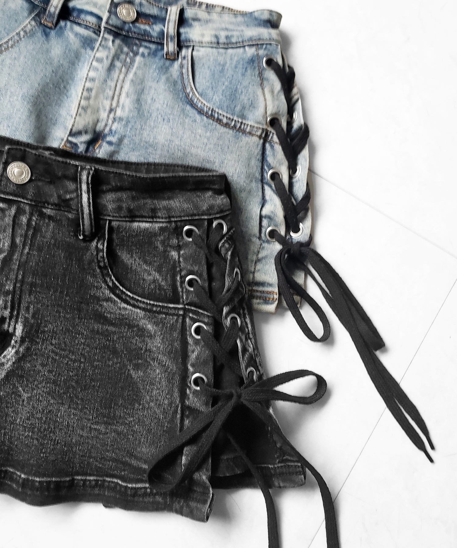 【 インパン裏地付き 】レースアップマイクロデニムミニスカパン ／ Lace-up micro denim mini skirt pants