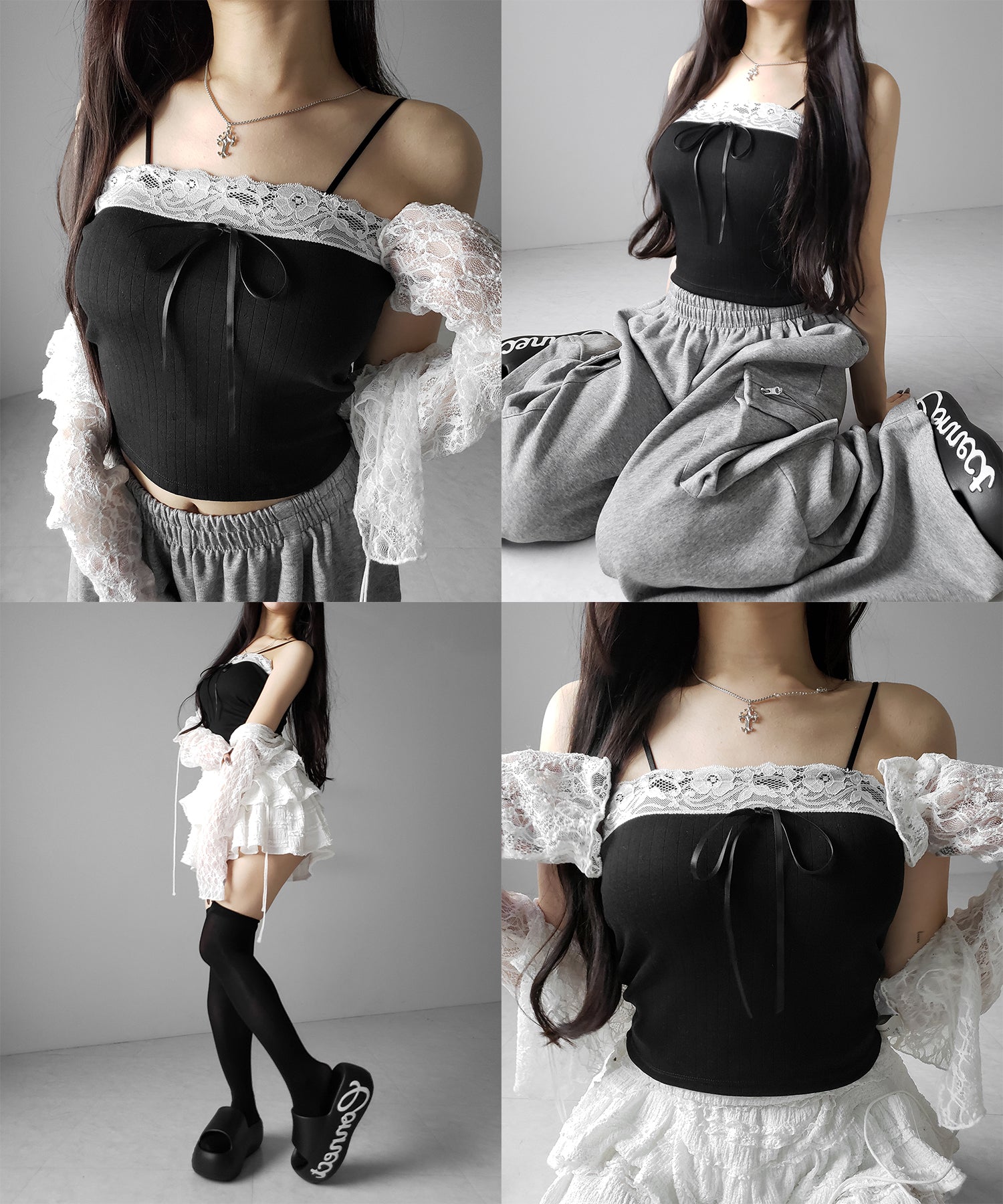 フロントリボンレースショートキャミソール ／ front ribbon lace short camisole