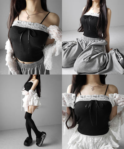 フロントリボンレースショートキャミソール ／ front ribbon lace short camisole