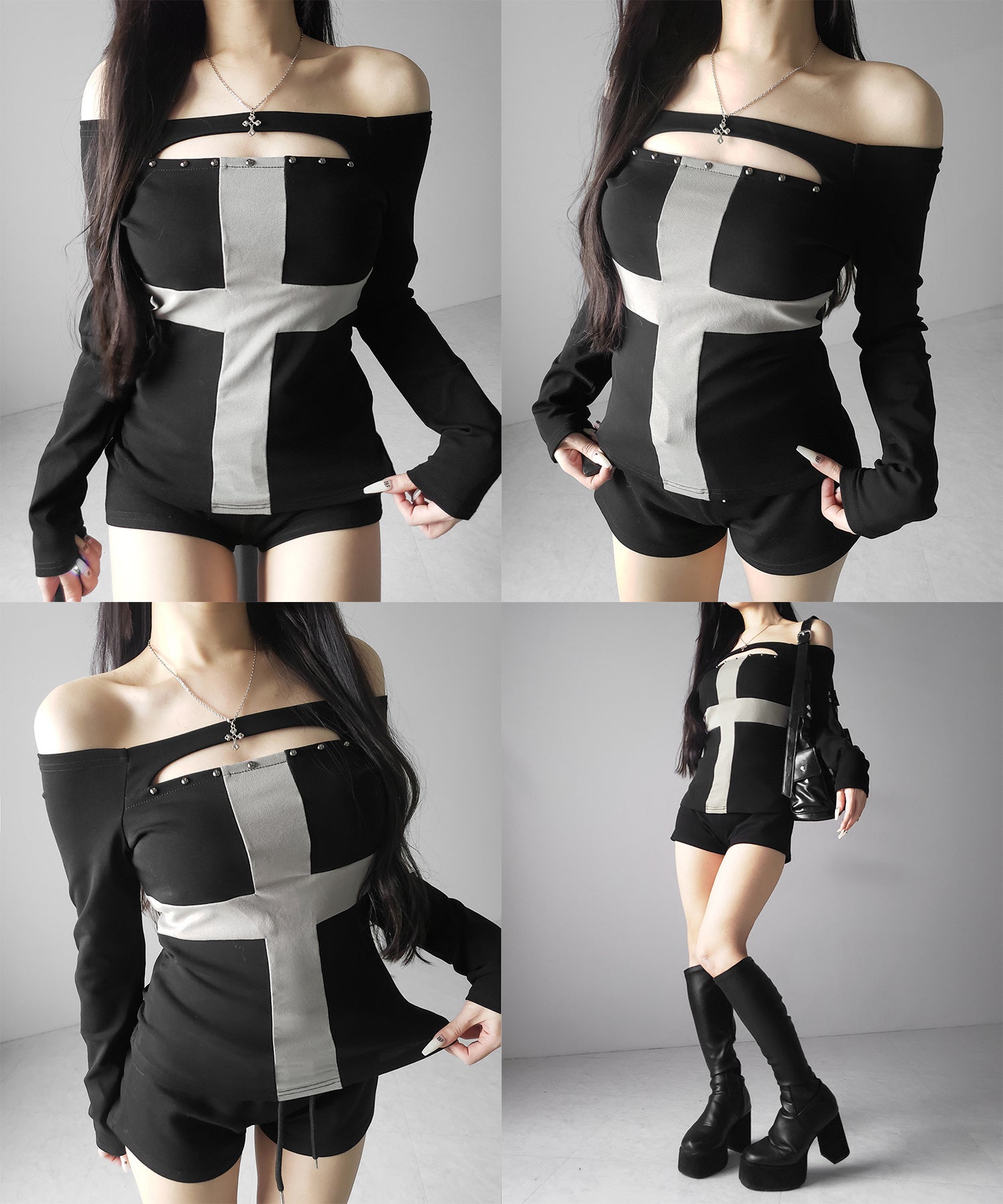 十字架クロスデザインカットアウトオフショルスリムトップス ／ cross design cutout offshoulder slim tops