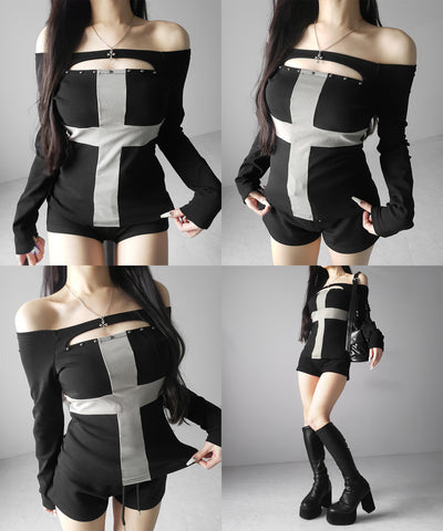 十字架クロスデザインカットアウトオフショルスリムトップス ／ cross design cutout offshoulder slim tops