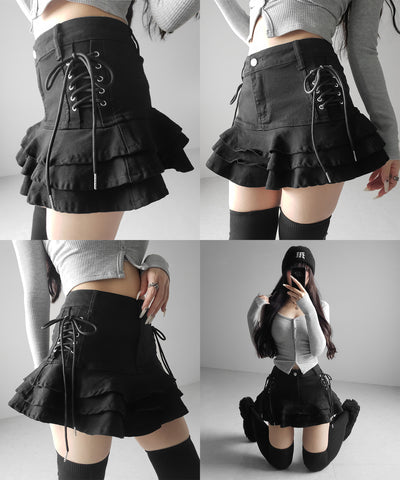 【 インパン裏地付 】レースアップブラックフリルミニスカート ／ laceup black frill mini skirt