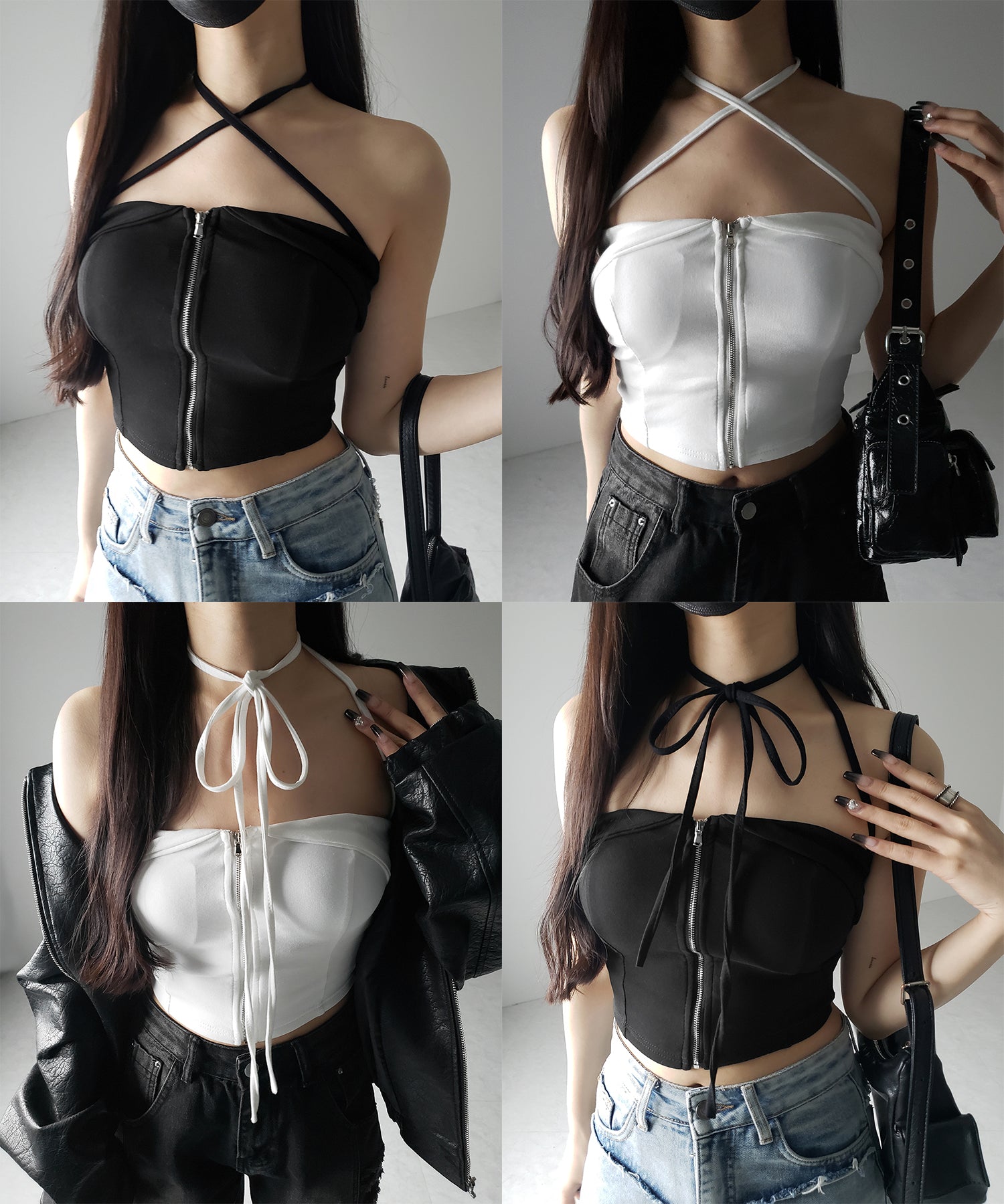 【 ２WAY／ カップ付 】ジップアップクロスストラップリボンベアトップス ／ zip up cross strap ribbon bare tops