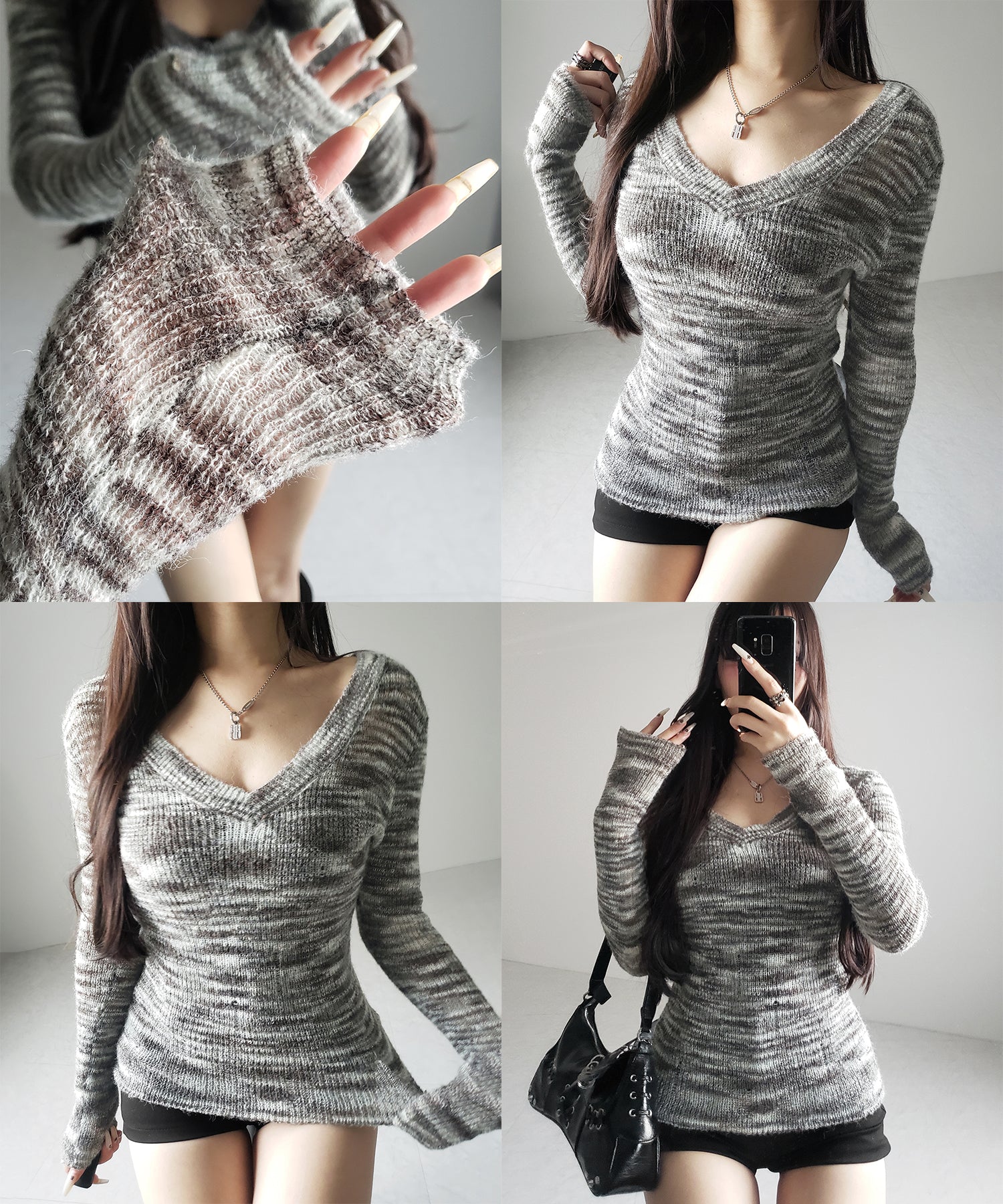 【 ワンショル可能な２WAY 】Ｖネックメランジスリムシアーニット ／ V-neck melange slim sheer knit