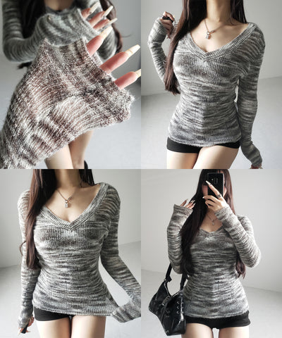 【 ワンショル可能な２WAY 】Ｖネックメランジスリムシアーニット ／ V-neck melange slim sheer knit