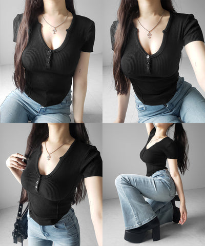 ヘンリーネックタイトフィット半袖リブニットトップス ／ Henley neck tight fit short sleeve rib knit tops