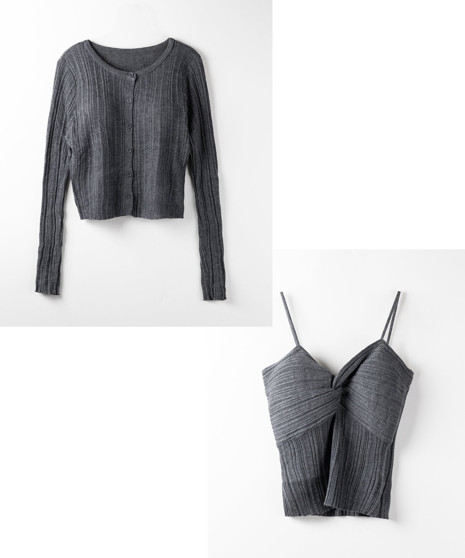 【 2点セット 】ツイストリブニットキャミソール ＋シアーリブショートカーディガン SET ／ twisted rib knit camisole + sheer rib short cardigan SET