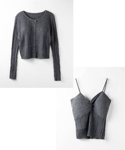 【 2点セット 】ツイストリブニットキャミソール ＋シアーリブショートカーディガン SET ／ twisted rib knit camisole + sheer rib short cardigan SET